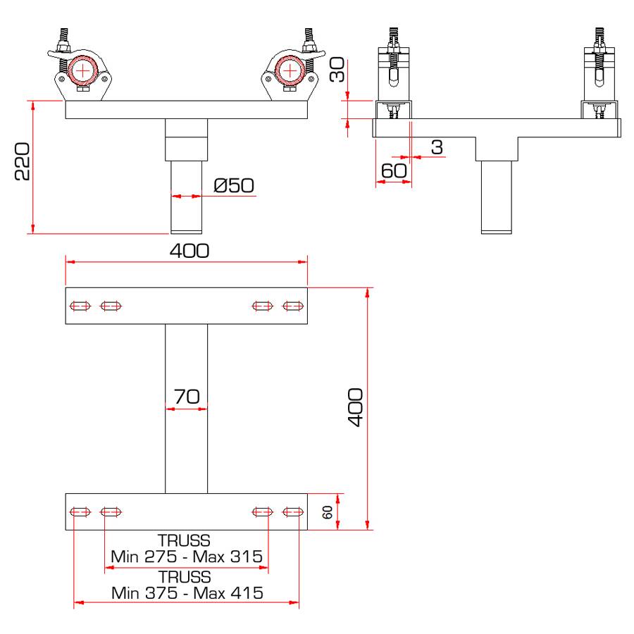 GUIL ADT-15 - Verstellbarer Truss Adapter mit 4 Aluminium Klemmen (geeignet für Traversen von 275 - 415 mm | Spigot Ø 55-2