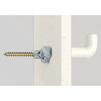 Schraube mit Dübel in einer Wand befestigt; ein Haken auf der anderen Seite. Zeigt sichere Montagemethode für Hängematerial.