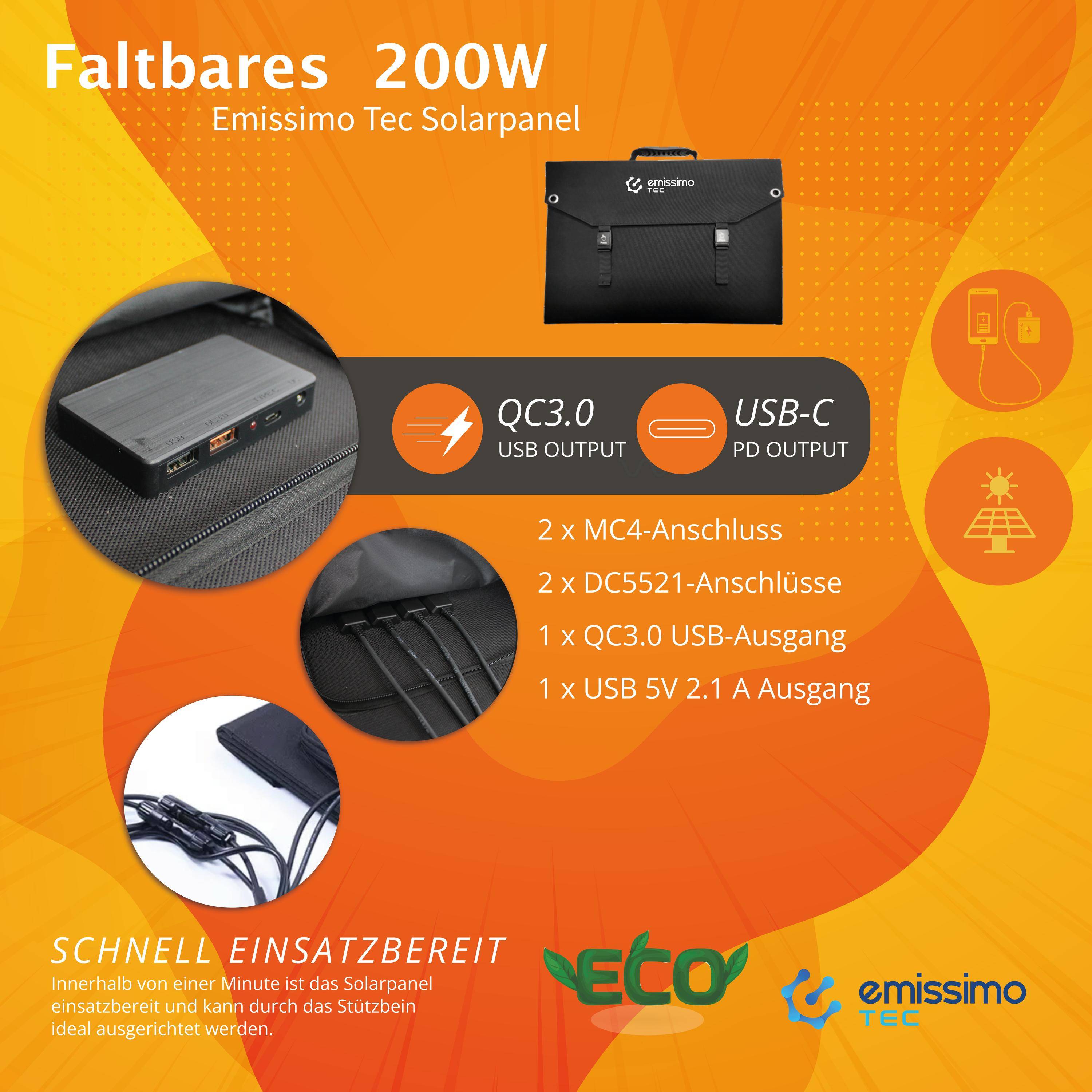 Faltbares Monokristalline Solarpanel 200W - Hocheffizient & tragbar - 2xUSB / 1xUSB-C / 1xDC-6