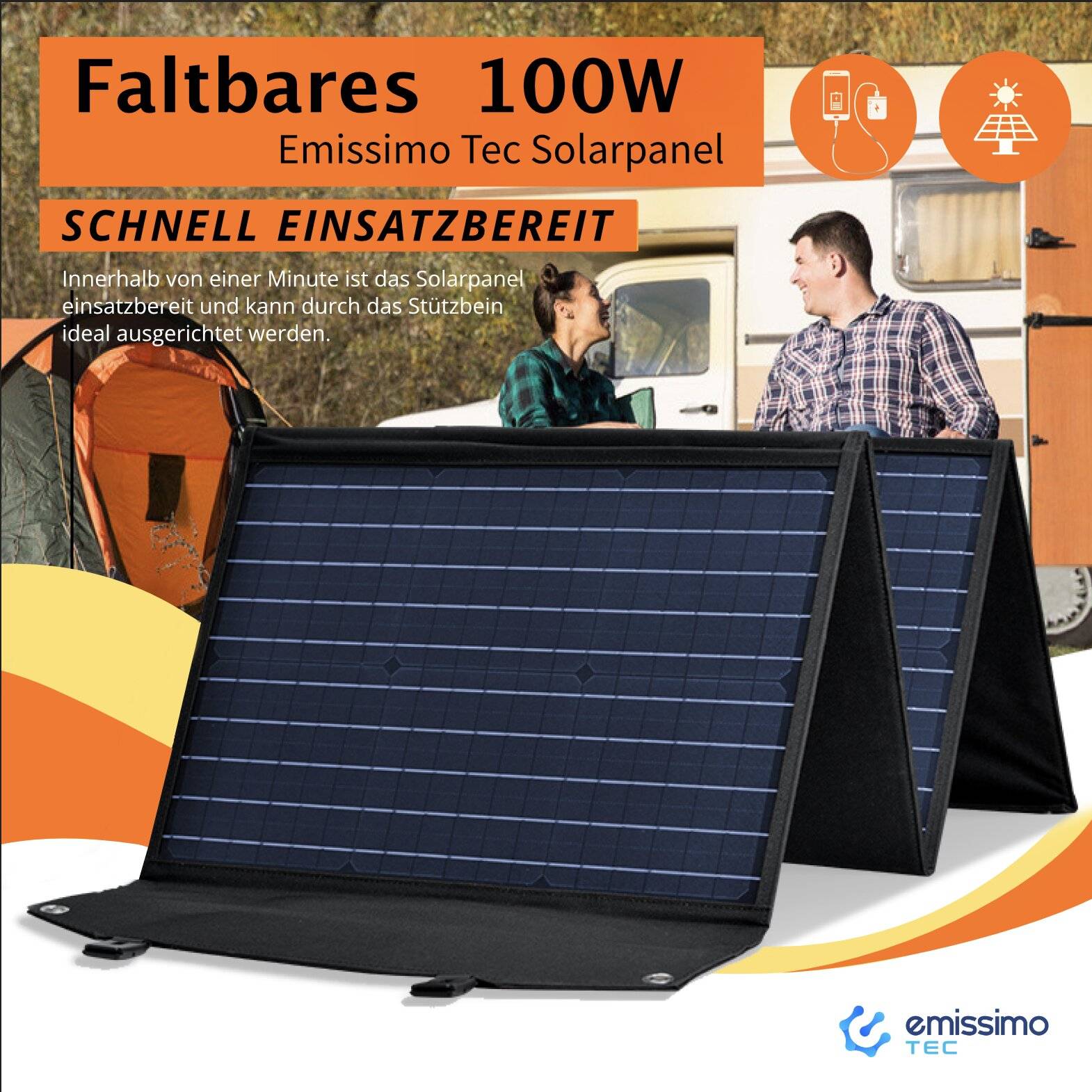 Faltbares Monokristalline Solarpanel 100W - Hocheffizient & tragbar - 2xUSB / 1xUSB-C / 1xDC-3