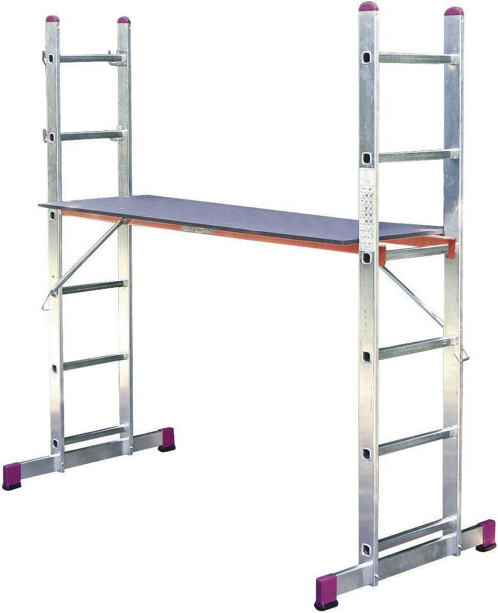 Aluminium Gerüst mit Plattform zwischen zwei Leitern, geeignet für Arbeiten in der Höhe. Stabil und für verschiedene Bauprojekte nutzbar.