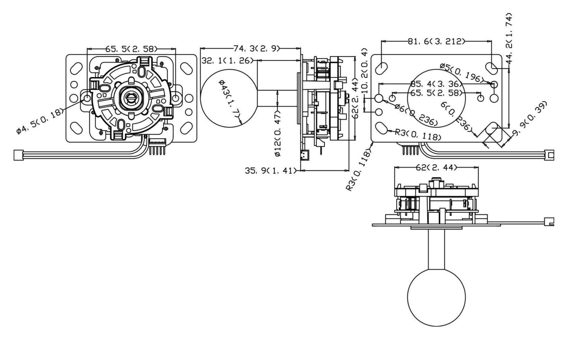 Arcade Joystick, 8-Wege, mit LED Beleuchtung, 74,3mm Höhe, RGB Farbwechsel-3