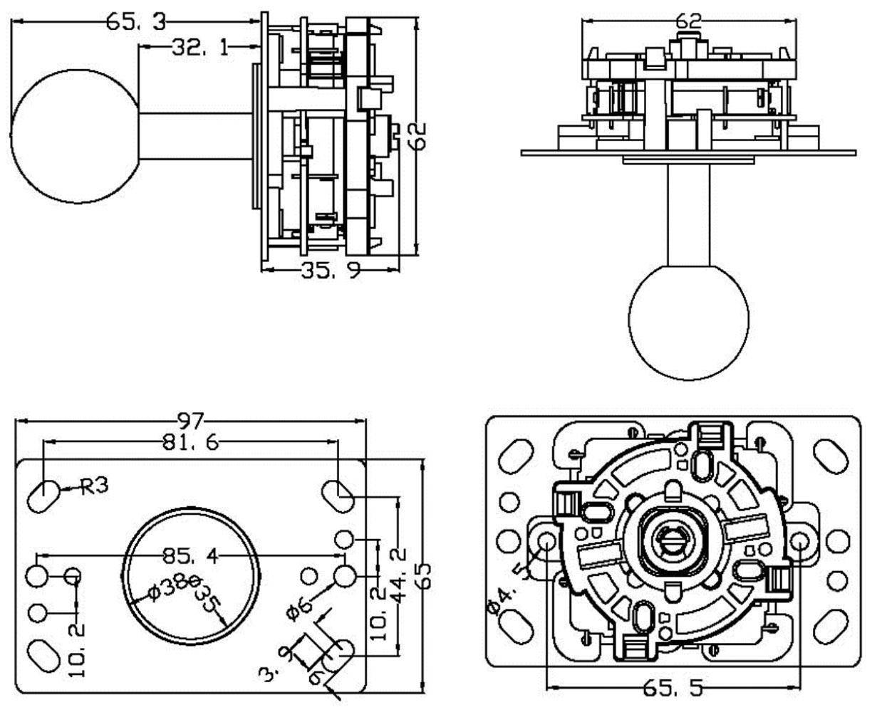 Arcade Joystick, 8 Wege, 65,3mm Höhe, rot-2