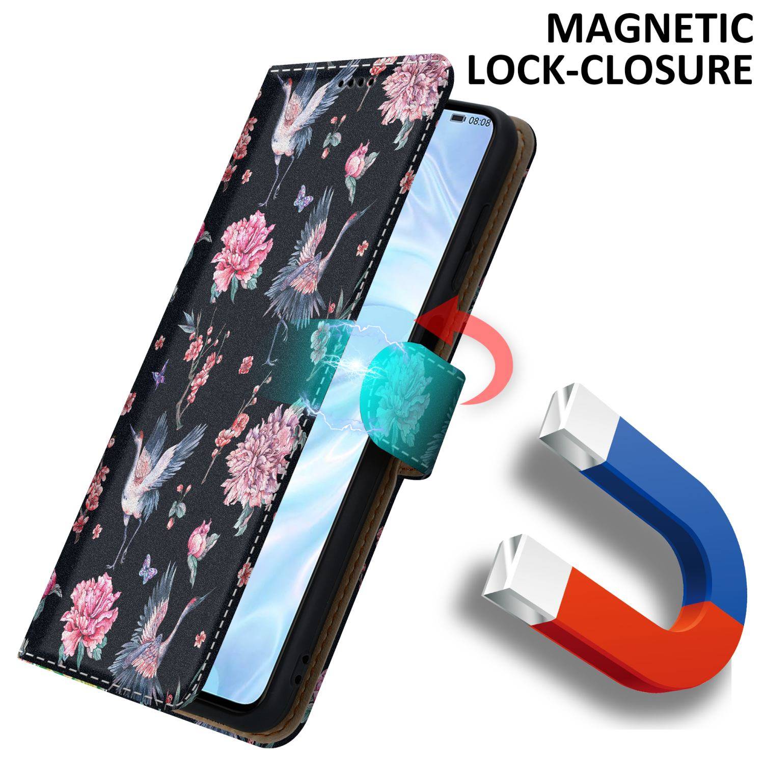 Cadorabo Schutzhülle für Huawei P30 Hülle Design Schwarz Handyhülle Schutzhülle Etui Magnetisch Case Cover-3
