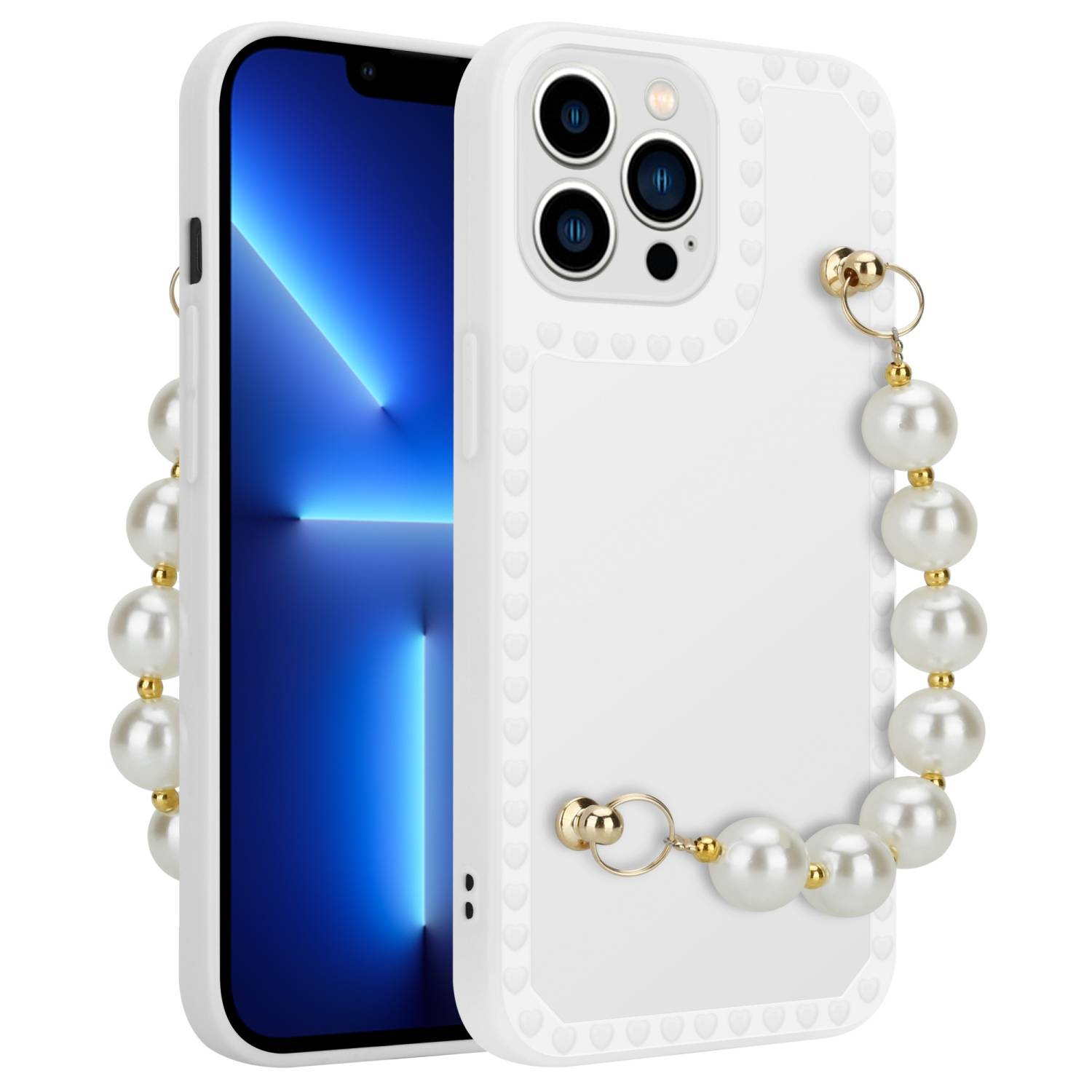 Cadorabo Hülle für Apple iPhone 13 PRO MAX Schutz Hülle in Weiß Handyhülle TPU Etui Cover Handgelenk Kette-2