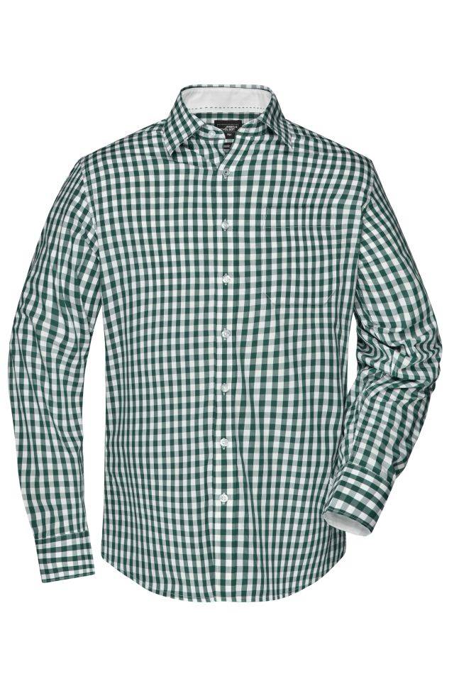 Men's Checked Shirt Modisches Karoshirt mit Uni-Einsätzen an Kragen und Manschette grün/weiß, Gr. M-0