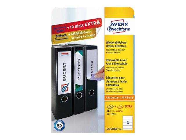 Avery Zweckform L4761 - Papier - entfernbarer Klebstoff - weiß - 61 x 192 mm 80 Etikett(en) (20 Bogen x 4)-0