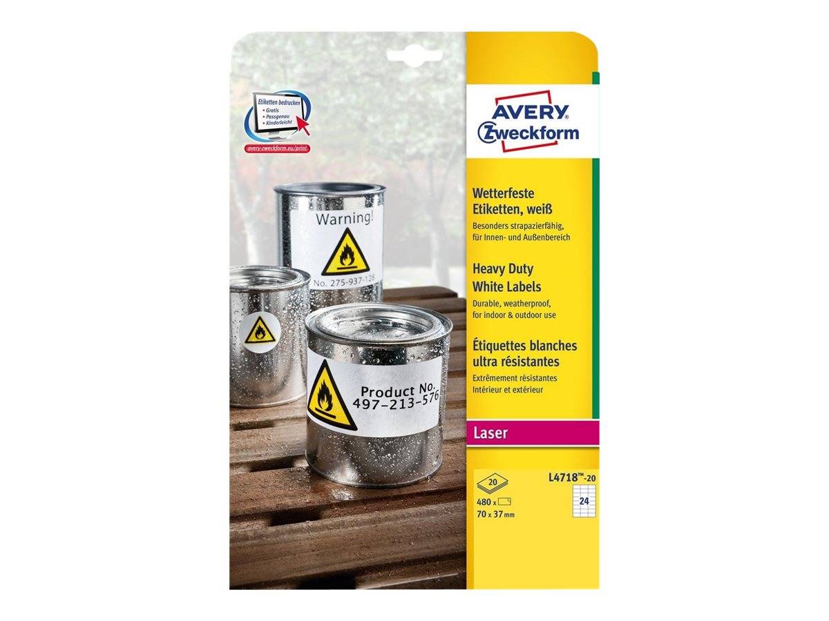 Avery Zweckform L4718 - Polyester - matt - permanenter Klebstoff - weiß - 70 x 37 mm 480 Etikett(en) (20 Bogen x 24)-0