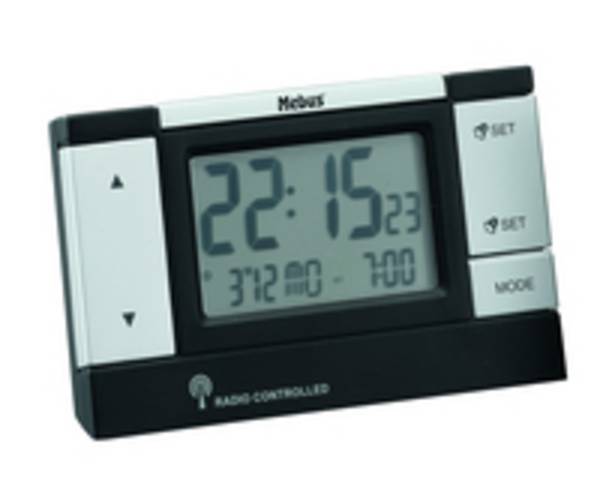 Mebus 51059, Digitaler Wecker, Schwarz, Silber, 12/24 h, LCD, 2 Zeilen, Akku