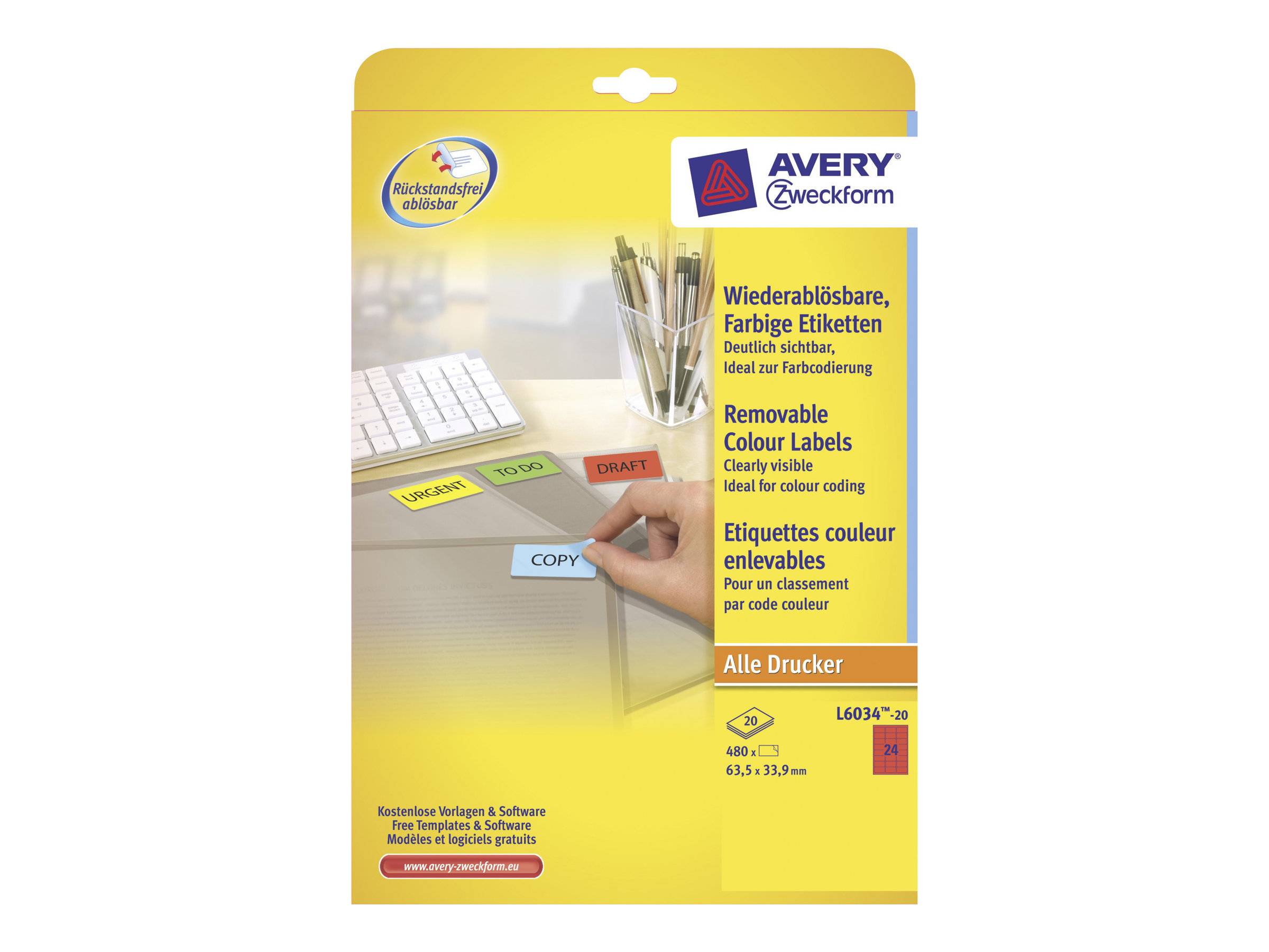 AVERY ZWECKFORM - Avery L6034 - Permanenter Klebstoff - Rot - 63.5 x 33.9 mm 480 Etikett(en) (20 Bogen x 24)-0