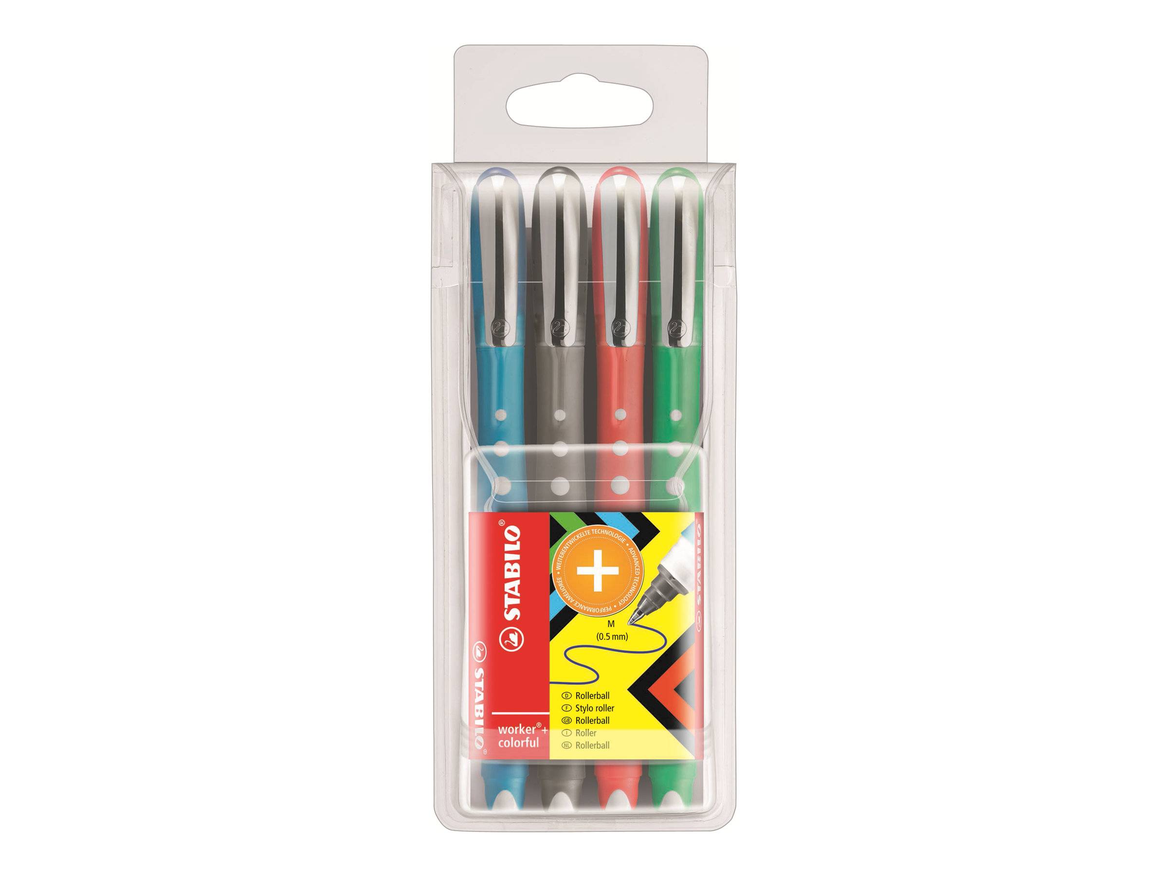 STABILO worker colorful - Tintenroller - Schwarz, Rot, Blau, Grün - 0.5 mm (Packung mit 4)-0