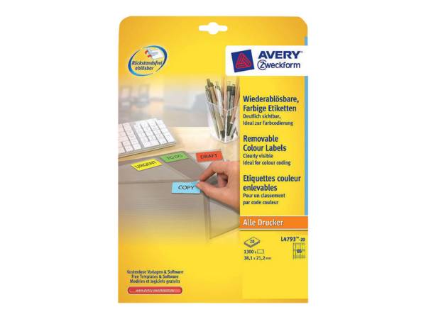 Avery Zweckform - Entfernbarer Klebstoff - Gelb - 38.1 x 21.2 mm 1300 Etikett(en) (20 Bogen x 65)