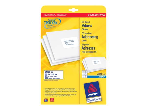 Avery Zweckform J4792 - Weiß - 29.6 x 63.5 mm 675 Etikett(en) (25 Bogen x 27)