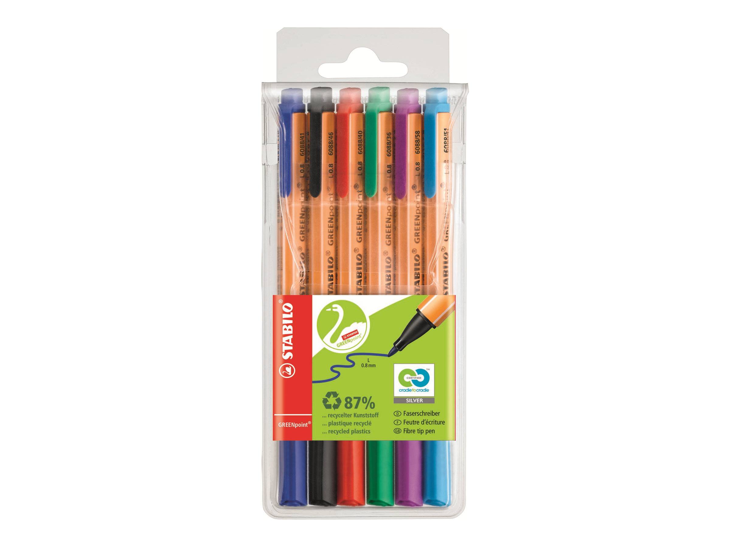 STABILO GREENpoint - Filzstift - Schwarz, Rot, Blau, Grün, Türkis, fliederfarben  - 0.8 mm - groß (Packung mit 6)