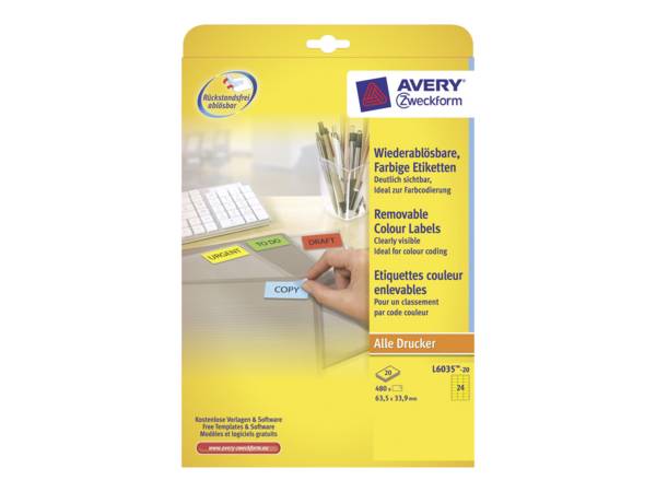 AVERY ZWECKFORM - Avery L6035 - Permanenter Klebstoff - Gelb - 33.9 x 63.5 mm 480 Etikett(en) (20 Bogen x 24)