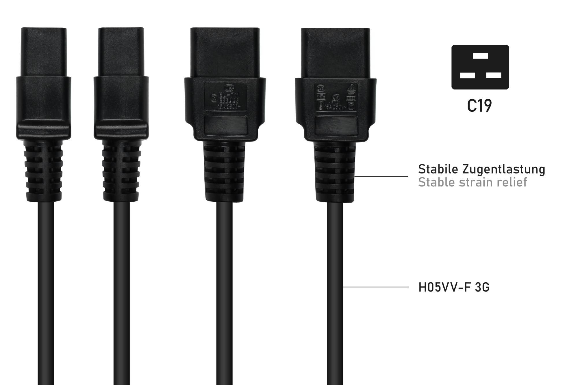 kabelmeister® Kaltgeräteverlängerung Kaltgeräte-Stecker C20 an Kaltgeräte-Buchse C19, schwarz, 1,50mm², 1 m-3