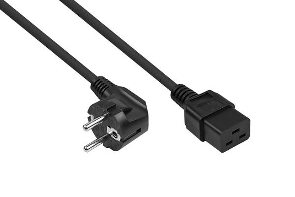 kabelmeister® Netzkabel Schutzkontakt-Stecker Typ E+F (90° gew.) an Kaltgeräte-Buchse C19, schwarz, 1,50mm², 5m