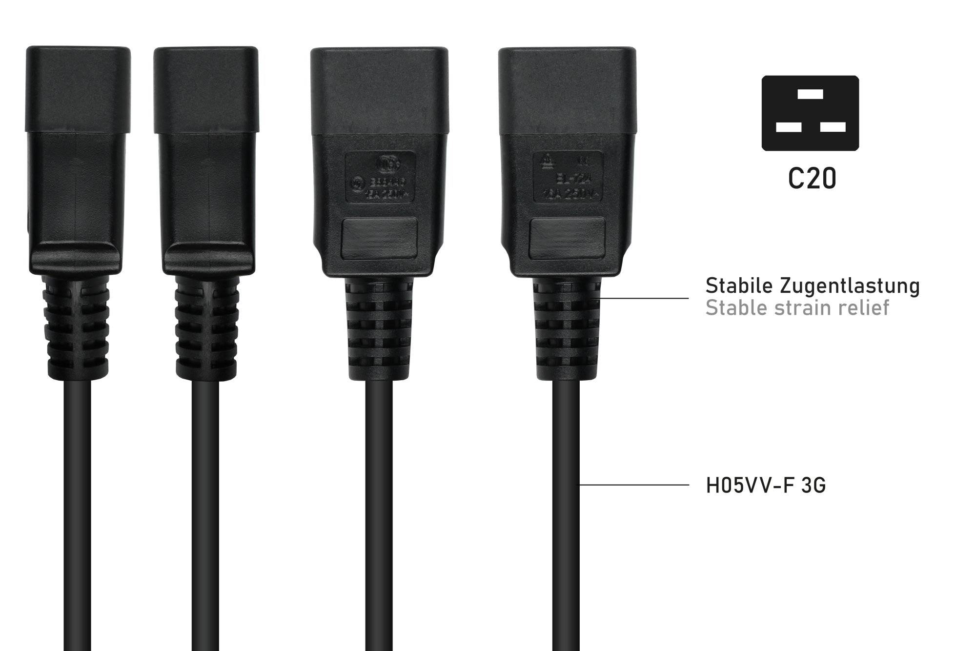 kabelmeister® Kaltgeräteverlängerung Kaltgeräte-Stecker C20 an Kaltgeräte-Buchse C13, schwarz, 1,00mm², 1m-2