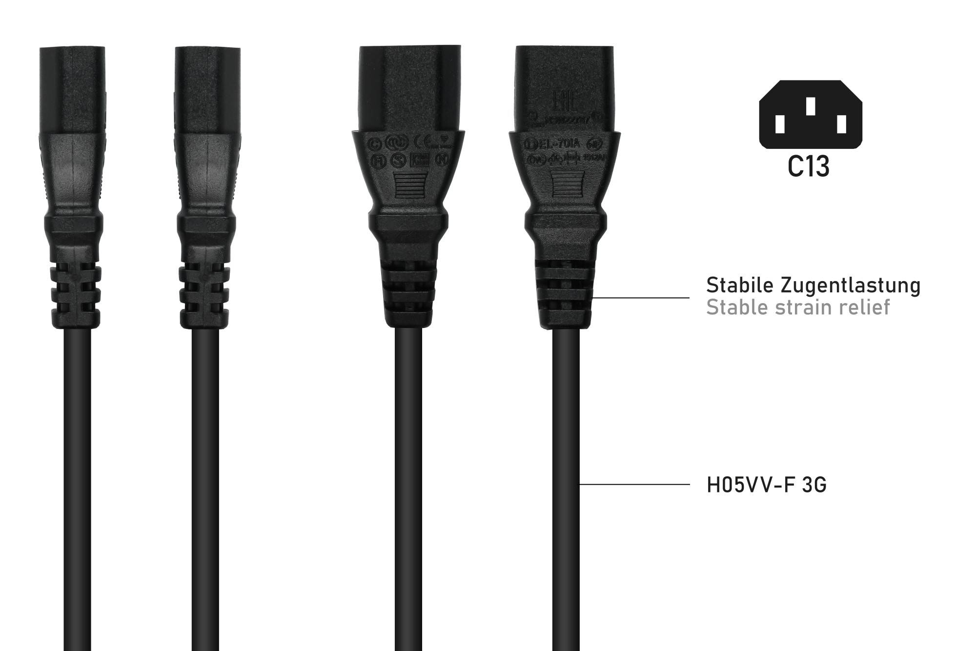 kabelmeister® Kaltgeräteverlängerung Kaltgeräte-Stecker C20 an Kaltgeräte-Buchse C13, schwarz, 1,00mm², 1m-3