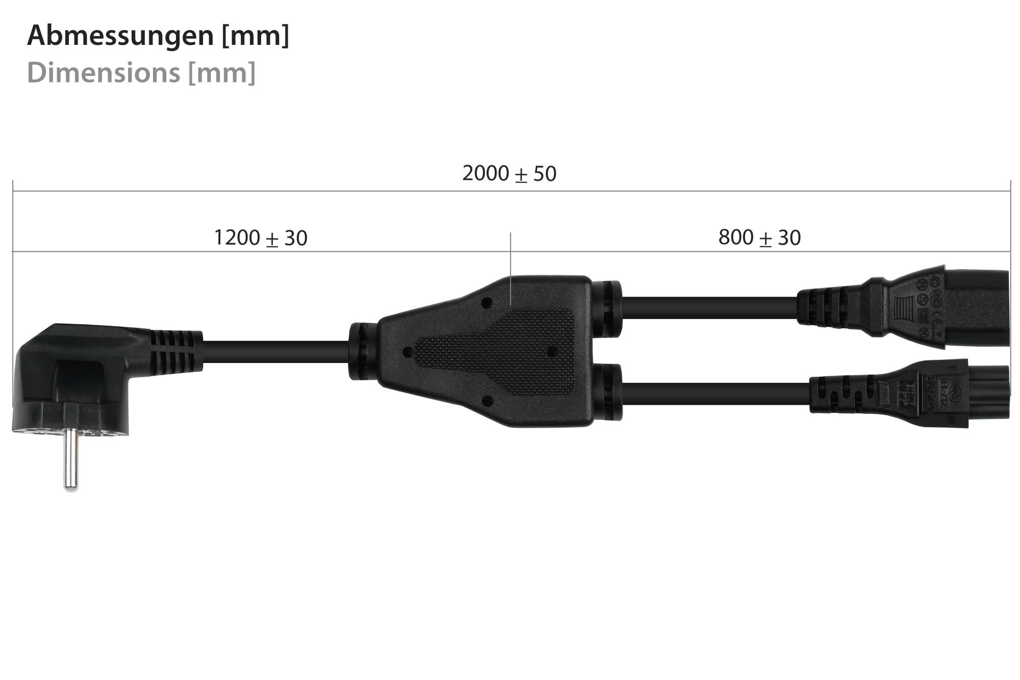 kabelmeister® Y-Netzkabel Schutzkontakt-Stecker Typ E+F (90° gew.) an Buchse C13 und Buchse C5, schwarz, 2m-5