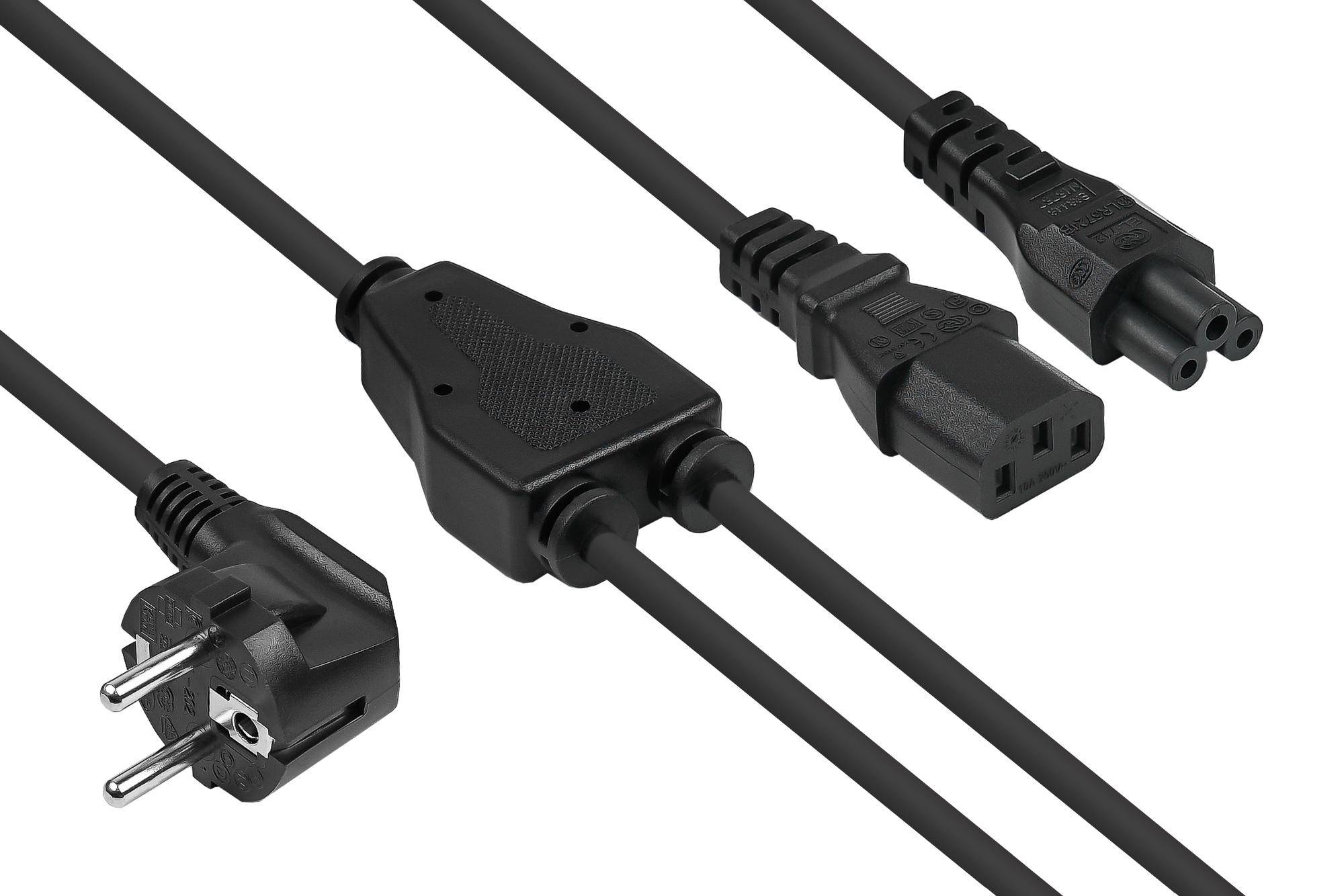 kabelmeister® Y-Netzkabel Schutzkontakt-Stecker Typ E+F (90° gew.) an Buchse C13 und Buchse C5, schwarz, 2m-0