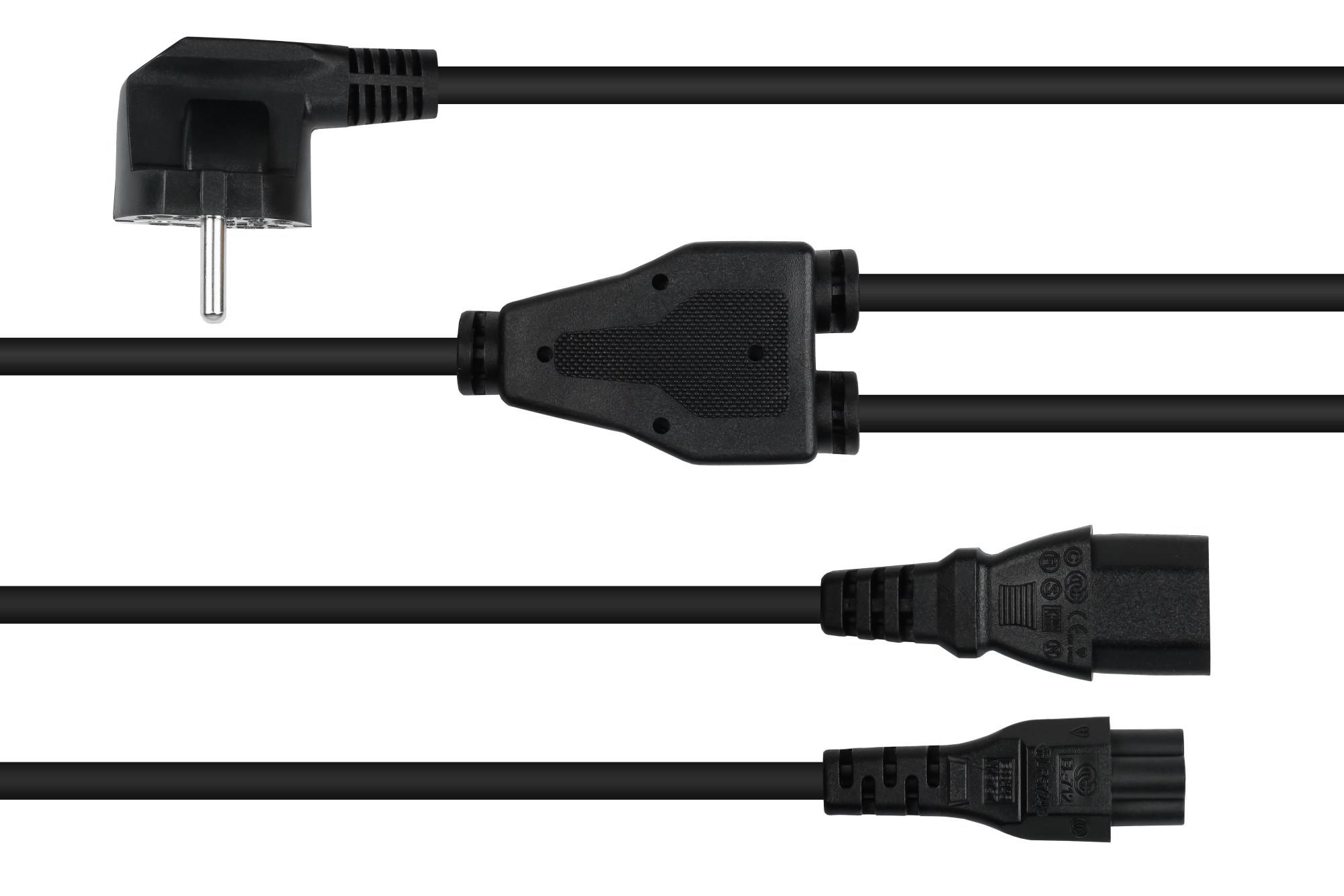 kabelmeister® Y-Netzkabel Schutzkontakt-Stecker Typ E+F (90° gew.) an Buchse C13 und Buchse C5, schwarz, 2m-1
