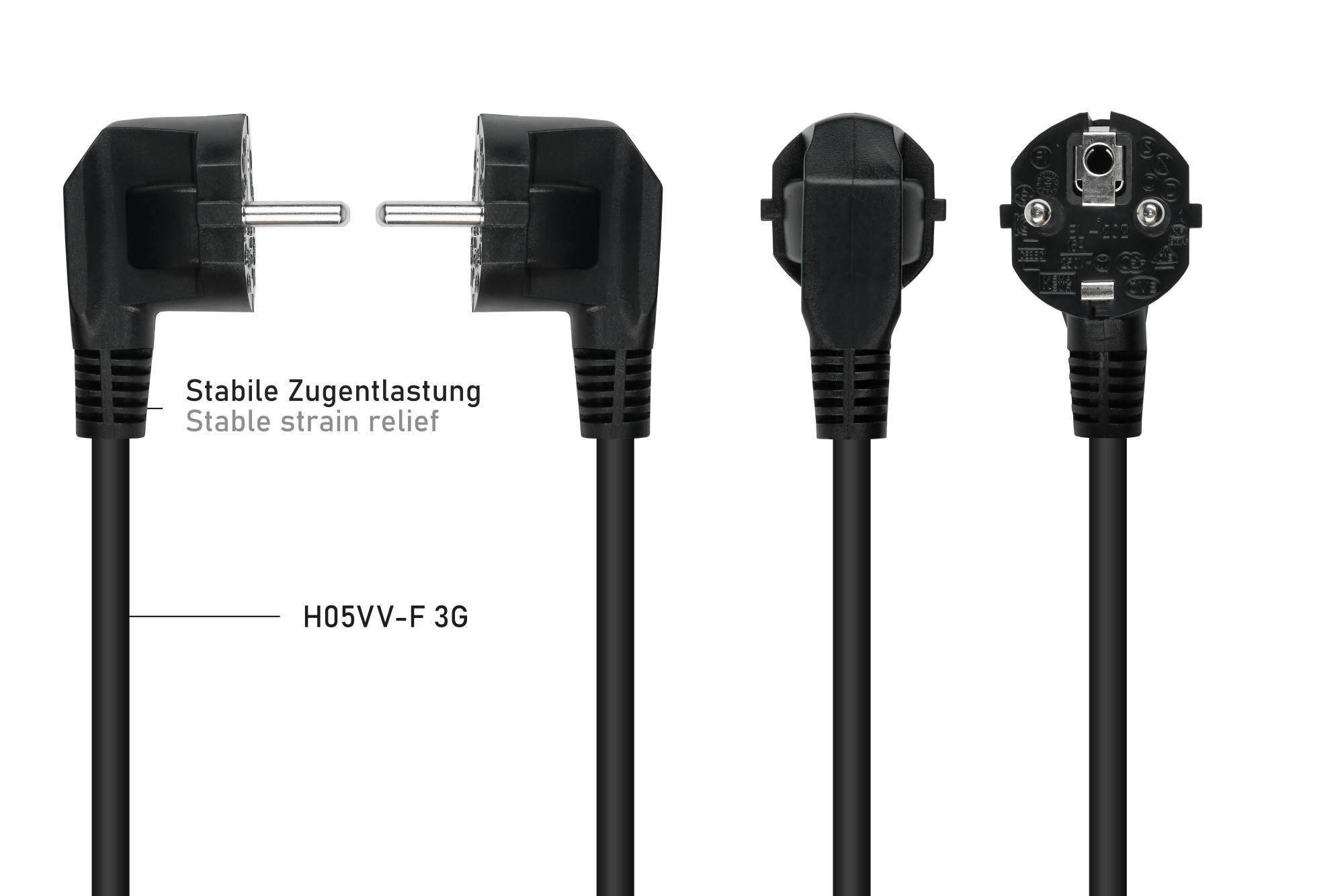 kabelmeister® Y-Netzkabel Schutzkontakt-Stecker Typ E+F (90° gew.) an Buchse C13 und Buchse C5, schwarz, 2m-2