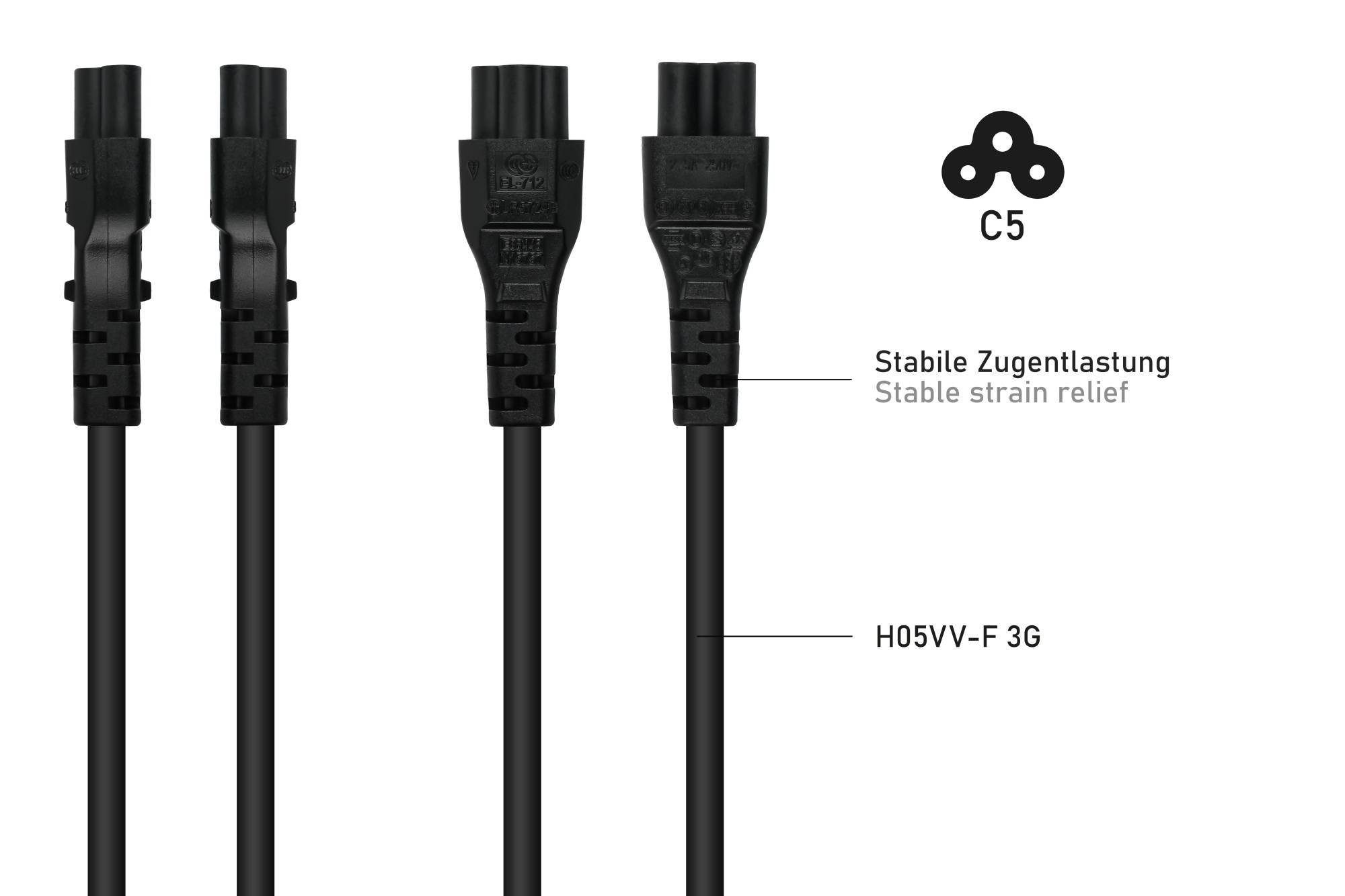 kabelmeister® Y-Netzkabel Schutzkontakt-Stecker Typ E+F (90° gew.) an Buchse C13 und Buchse C5, schwarz, 2m-4