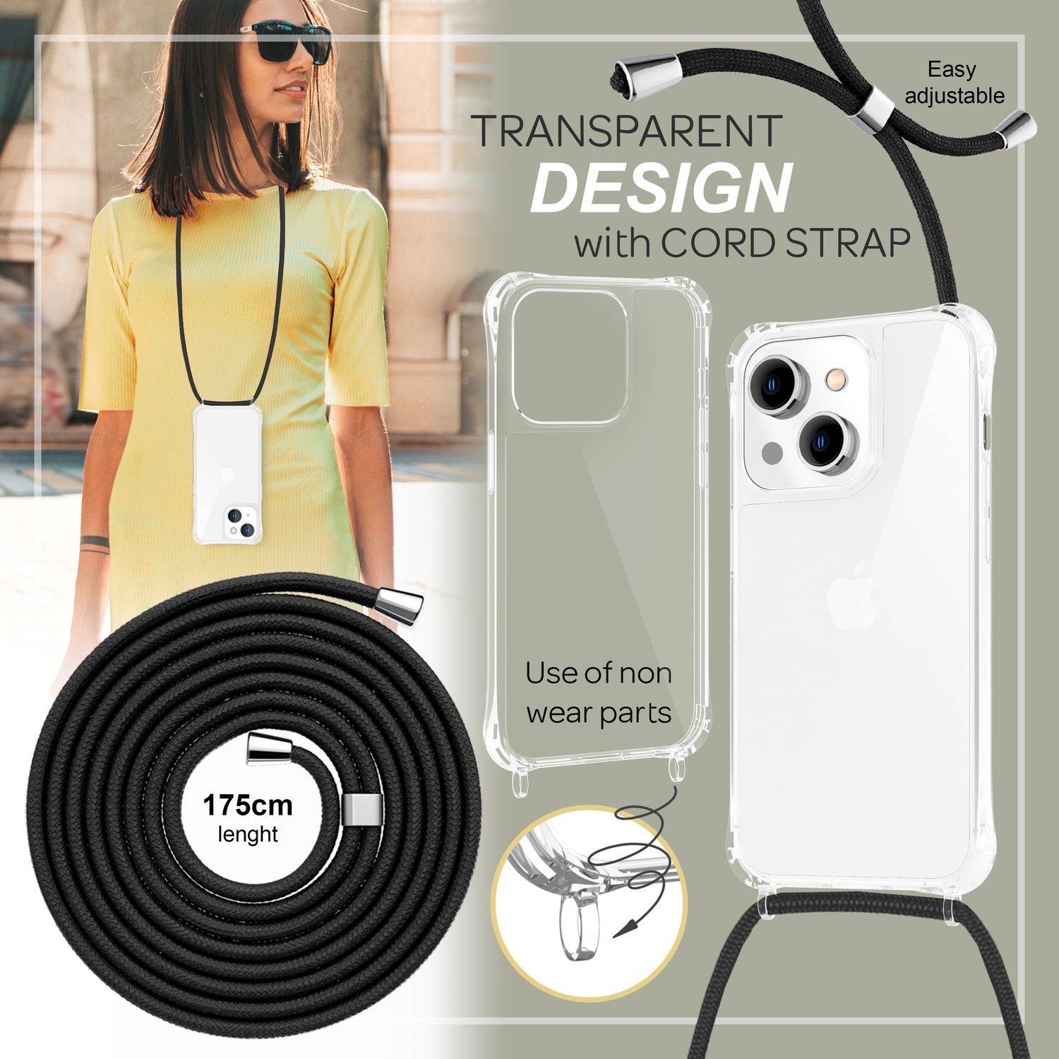 Hülle mit Kette für iPhone 14 - Klare Handyhülle mit Schnur Band zum Umhängen Schwarz-2