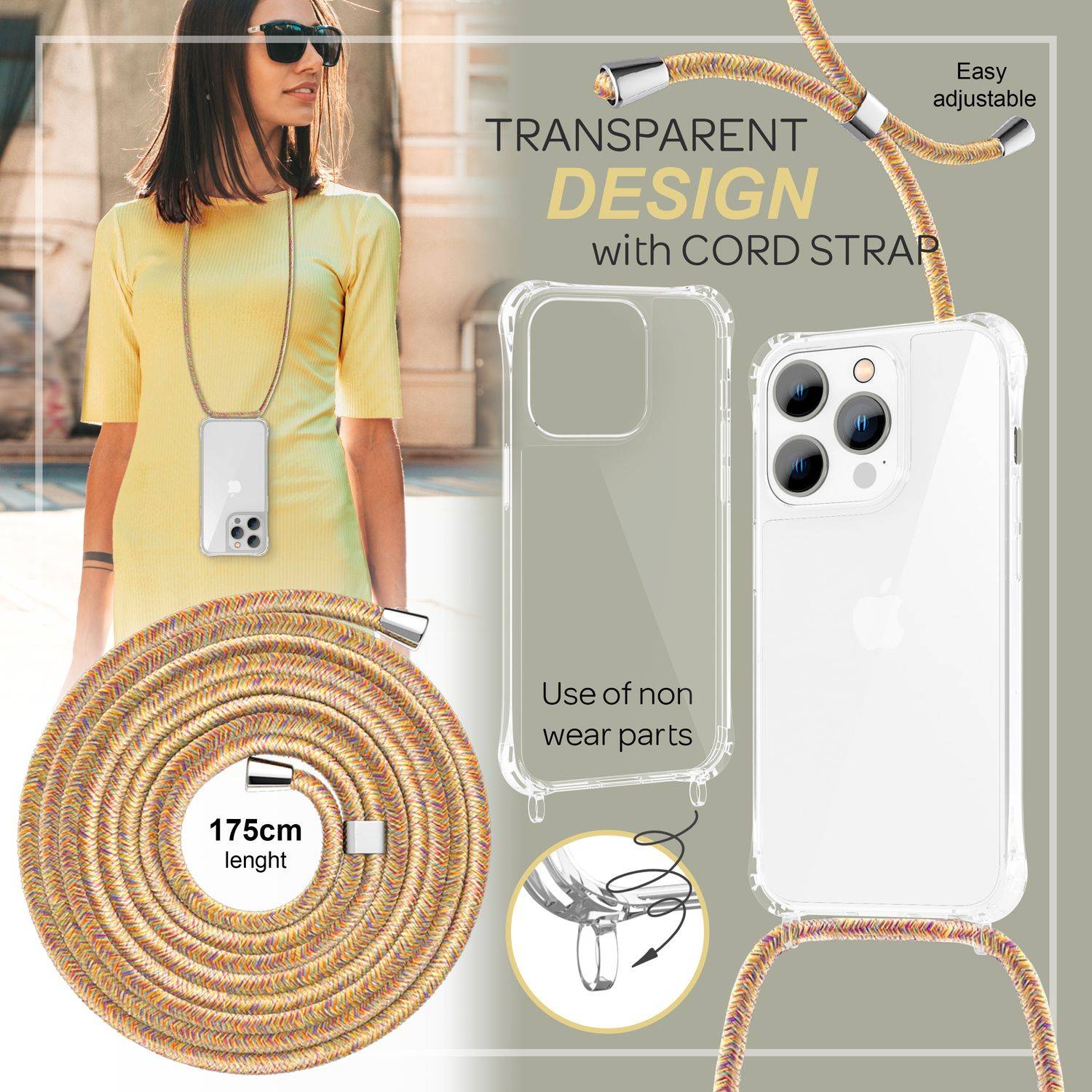 Hülle mit Kette für iPhone 14 Pro Max - Klare Handyhülle mit Band zum Umhängen Regenbogen-2
