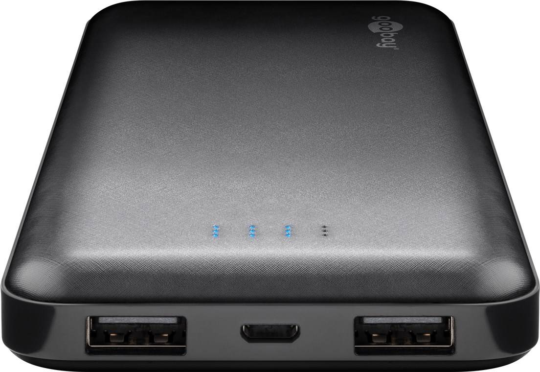 Goobay 40891 Powerbank mit 10000 mAh, 2x USB-A Anschlüsse, lädt 2x Geräte, LED-Statusanzeige, kompaktes Design, Schwarz