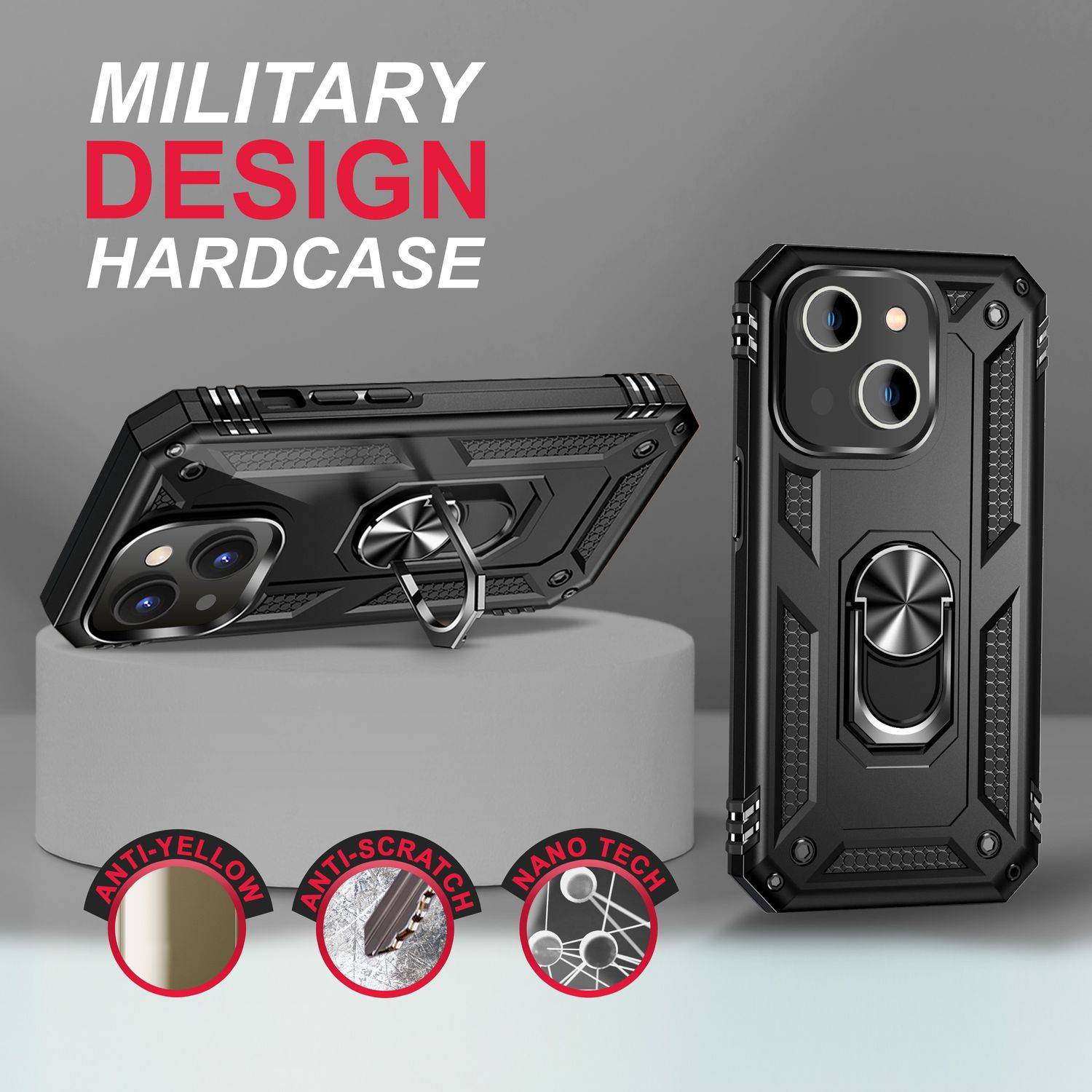 Ring Hülle für iPhone 14 - Military Schutz Stoßfest Outdoor Hard Case Aufsteller Schwarz-2