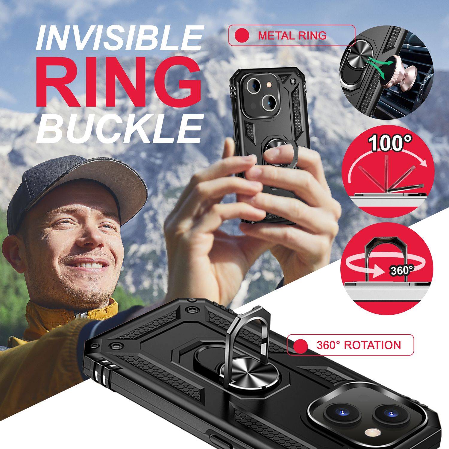 Ring Hülle für iPhone 14 - Military Schutz Stoßfest Outdoor Hard Case Aufsteller Schwarz-4