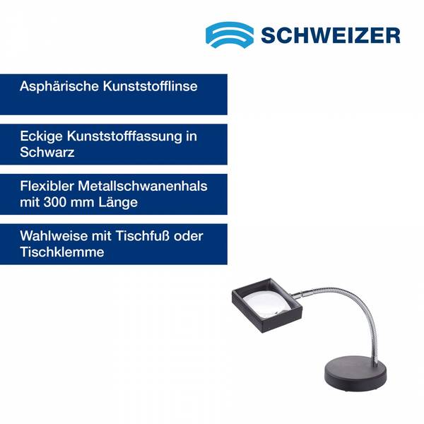 SCHWEIZER  Arbeitsstandlupe KUNSTSTOFF Tischklemme 3 x / 100 x 75 mm, asphärisch
