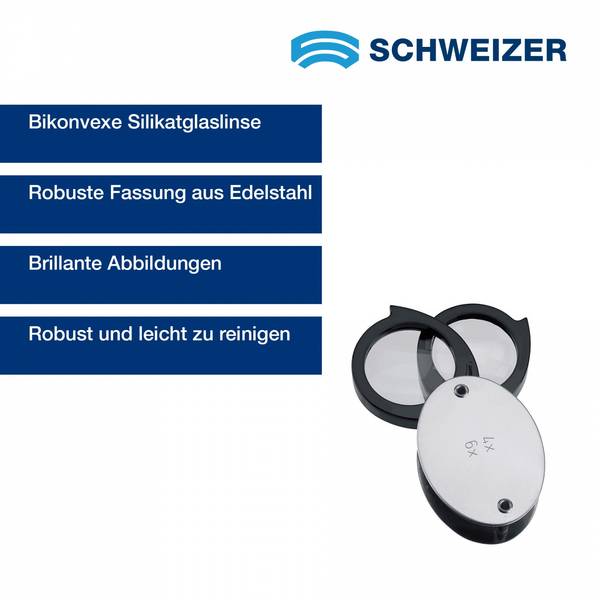 SCHWEIZER  Einschlaglupe EDELSTAHL 4 x +6 x =10 x / Ø 30 mm, bikonvex 