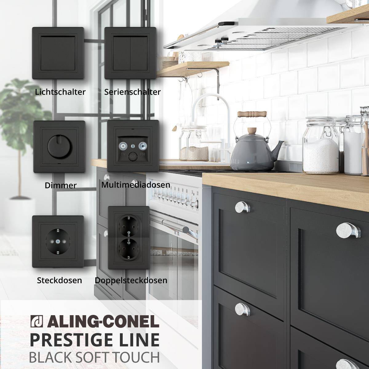 ALING-CONEL Unterputz-Steckdose mit Schutzkontakt 16AX/250V~ inkl.Rahmen Schwarz Soft Touch-3