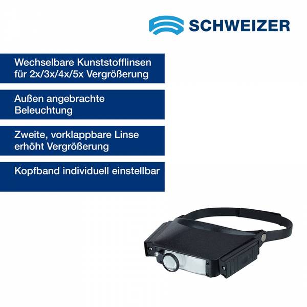 SCHWEIZER  Kopfbandlupe BELEUCHTET 2 x / 3 x / 4 x / 5 x 