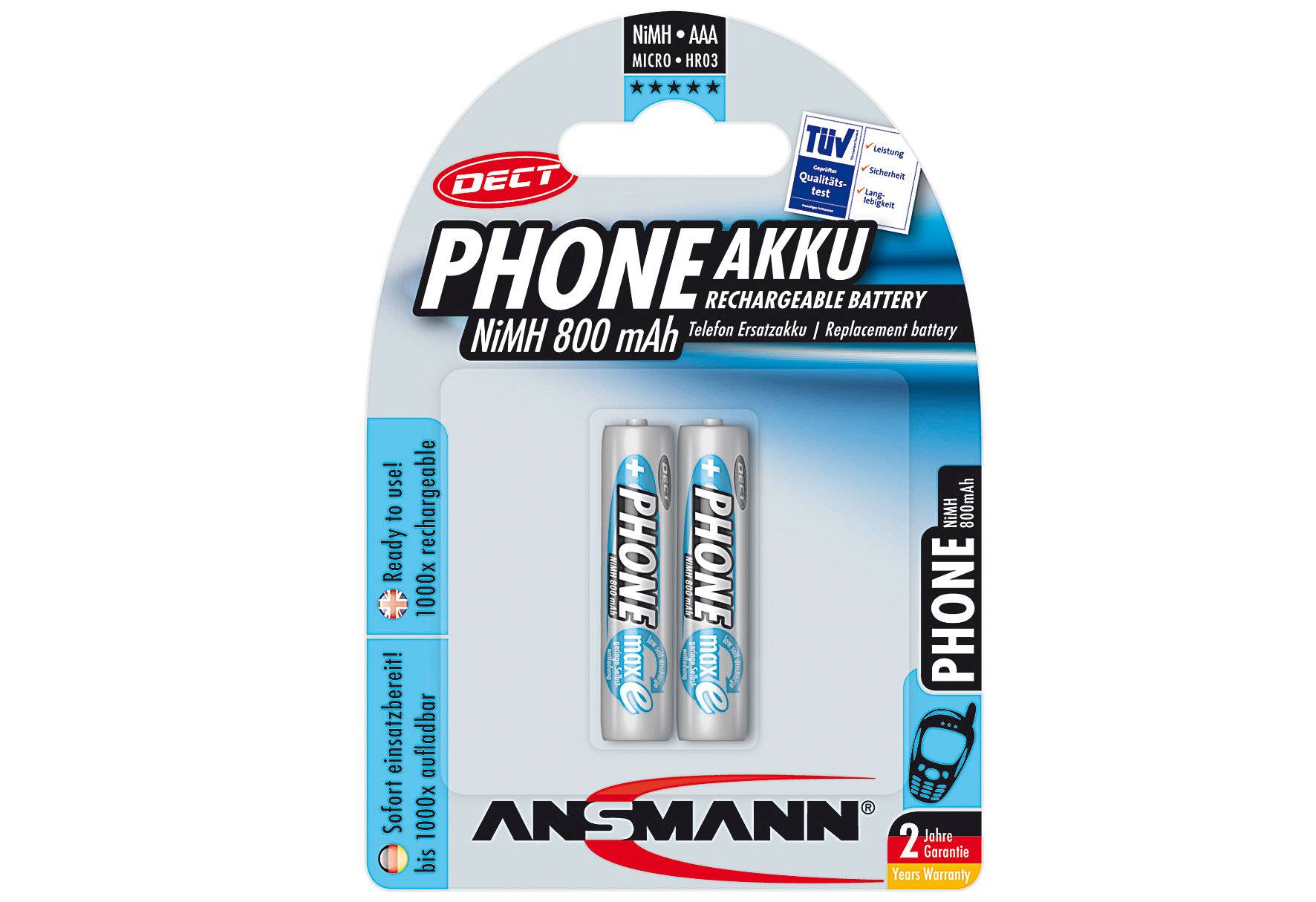 Ansmann Phone DECT NiMH-Akku, Micro (AAA), 800 mAh, 2er Pack (5035332)-1