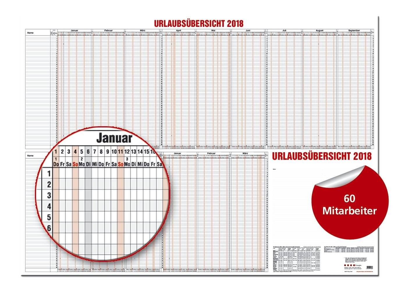 Urlaubsübersicht 120x80cm für 60 Mitarbeiter-Kalendarium 2027-2