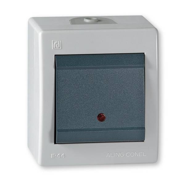 ALING-CONEL Aufputz Kreuzschalter mit Glimmlampe (Wippschalter) 10AX/250V~ / IP 44 - Grau