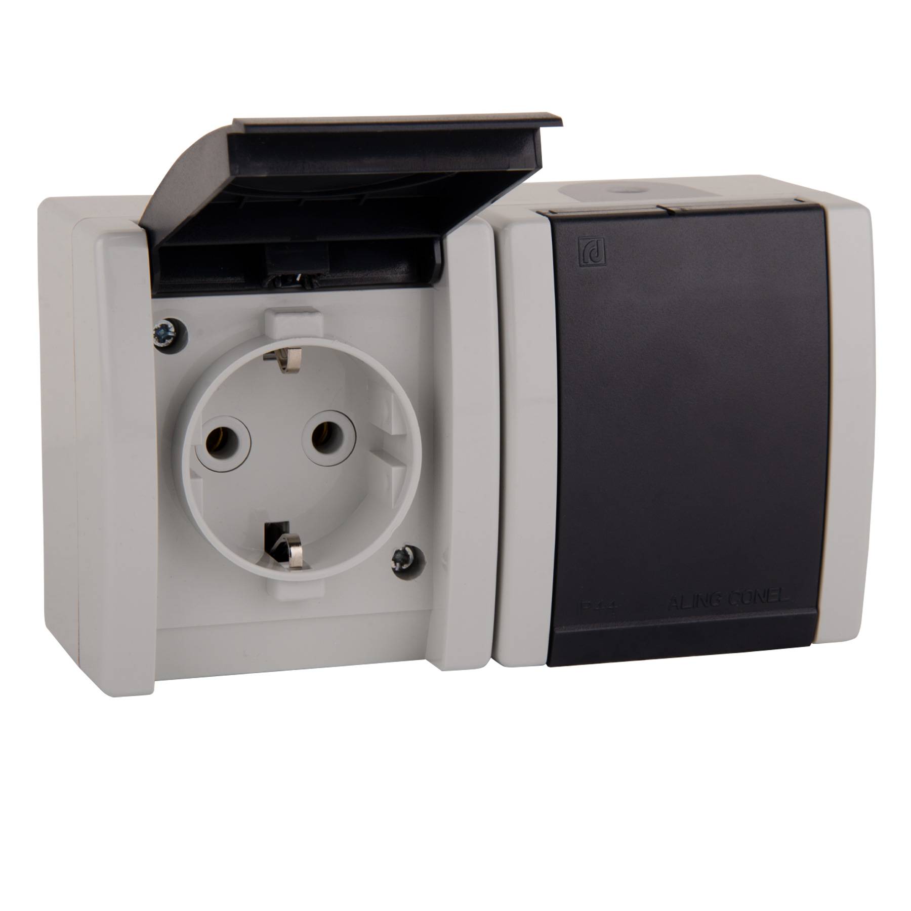 ALING-CONEL 2-fach Aufputz Schutzkontakt Steckdose mit Klappdeckel 16A/250V~ / IP44 - Grau-0