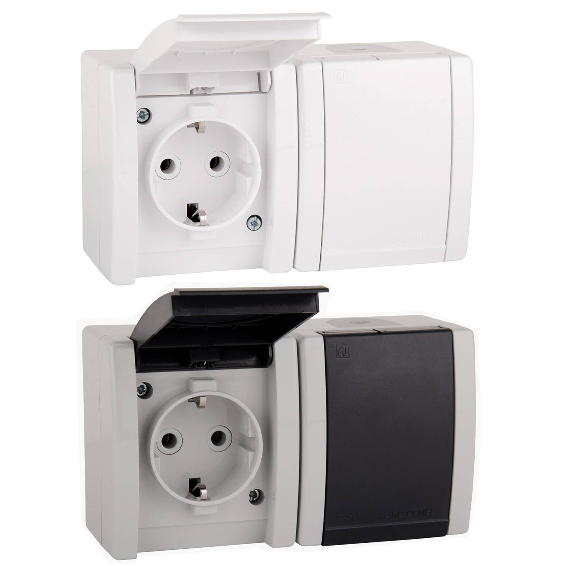 ALING-CONEL 2-fach Aufputz Schutzkontakt Steckdose mit Klappdeckel 16A/250V~ / IP44 - Grau-1