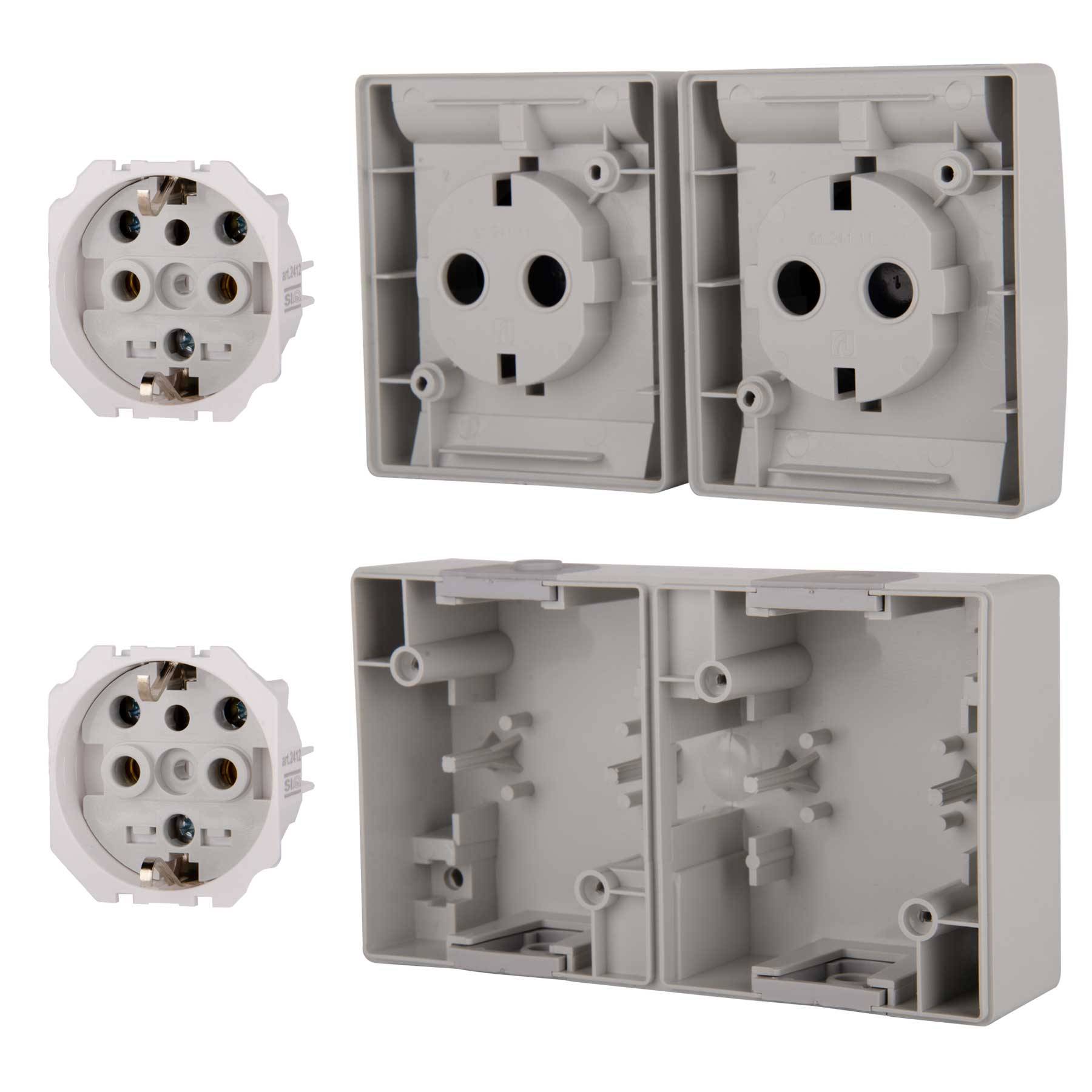 ALING-CONEL 2-fach Aufputz Schutzkontakt Steckdose mit Klappdeckel 16A/250V~ / IP44 - Grau-3