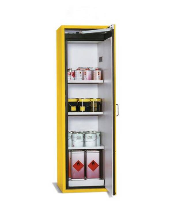 asecos Feuerbeständiger Gefahrstoffschrank G-601, mit 3 Einlegeböden, Türanschlag rechts, gelb