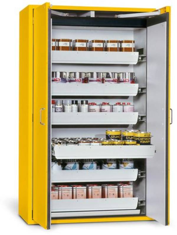asecos Feuerbeständiger Gefahrstoffschrank Edition-G, 6 Auszugswannen, gelb, Typ GA 900-6