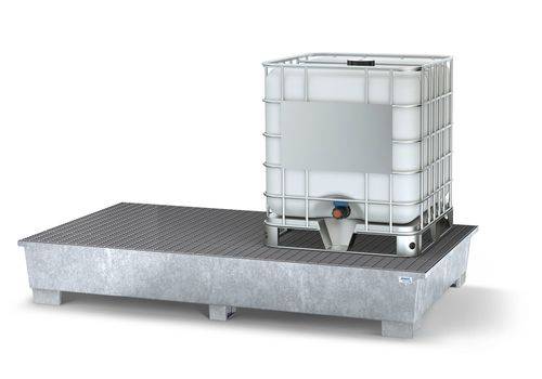 Auffangwanne classic-line aus Stahl m. Abfüllbereich für 2 IBC, verzinkt, 2 Gitterrosten-1