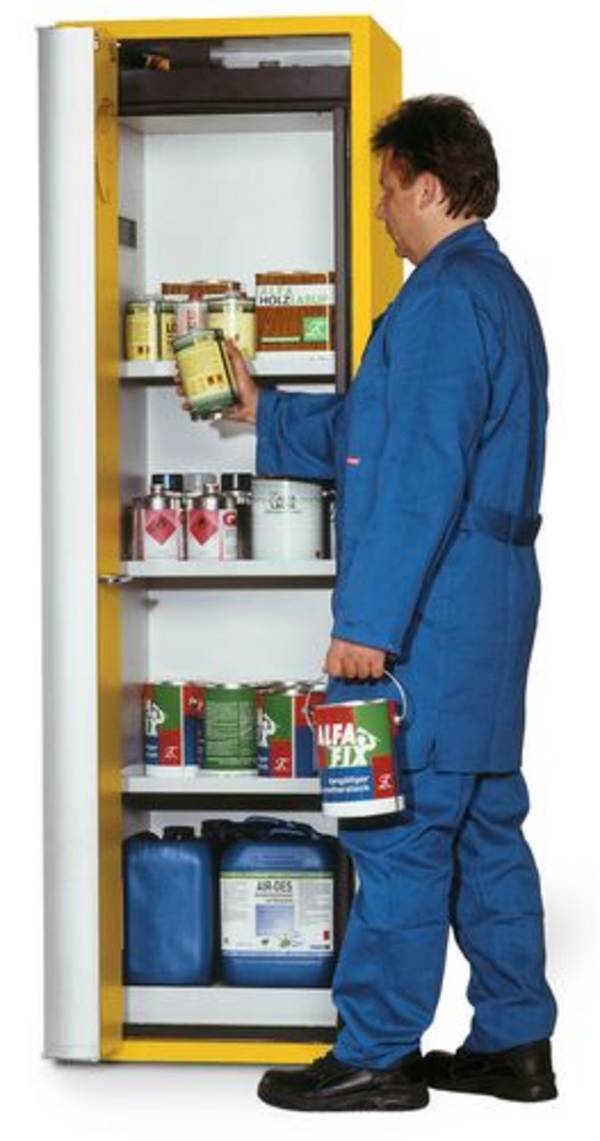 asecos Feuerbeständiger Gefahrstoffschrank "one touch", 3 Einlegeböden, Türanschlag links, gelb