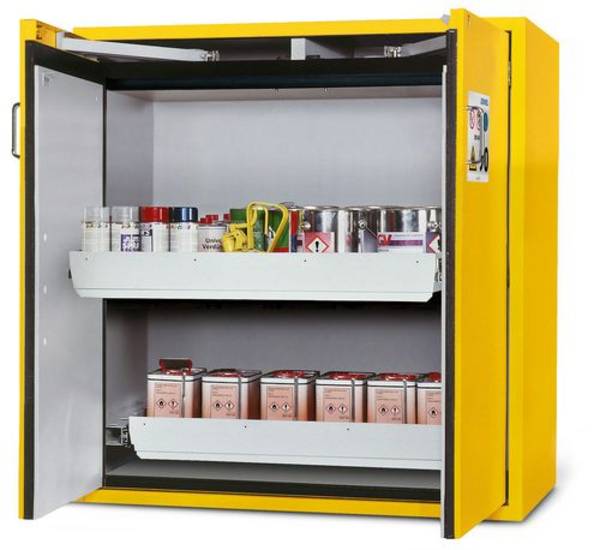 asecos Feuerbeständiger Gefahrstoffschrank Edition, 2 Auszugswannen, Flügeltüren gelb, Typ G 122