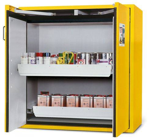 asecos Feuerbeständiger Gefahrstoffschrank Edition, 2 Auszugswannen, Flügeltüren gelb, Typ G 122-0