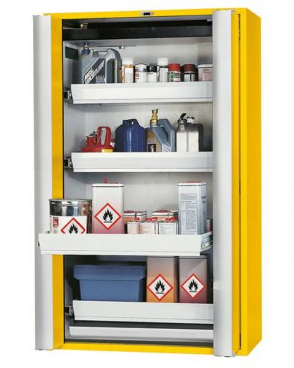 asecos Feuerbeständiger Gefahrstoffschrank GF 1201.4 "one touch", 4 Auszugswannen, gelb